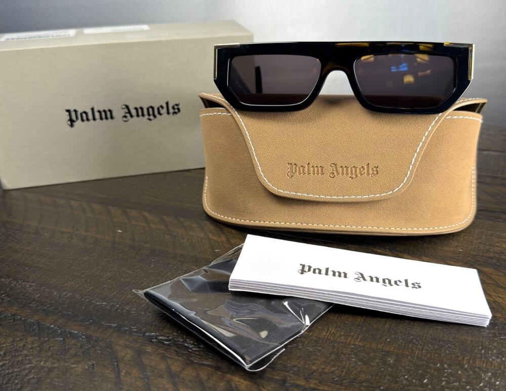 Palm Angels Unisex Rectangular Sunglasses Black Acetate Gold Logo Luxury New W/T